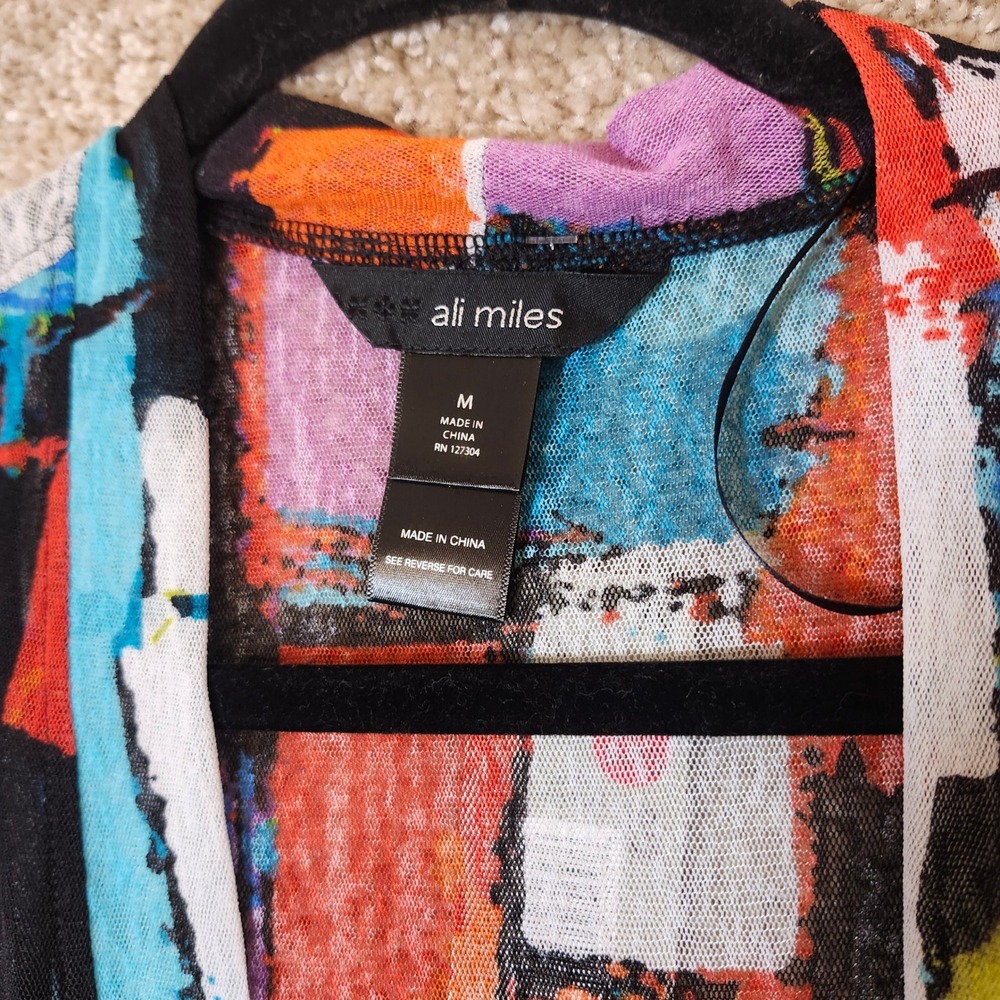 Ali Miles Cardigan Abstract Multicolor‎ Mesh Open Front Artistic Topper Size M - Picture 4 of 9